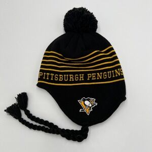 Adidas Pittsburgh Penguins NHL Beanie Hat Black Gold Pom Tassels NEW